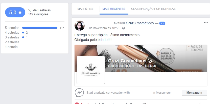 avaliações clientes grazi cosmeticos no facebook